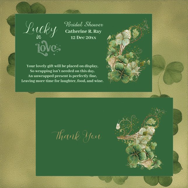 Carte D'accompagnement Chanceux en amour Trèfle Vert Doré Fête de Fiançai (Lucky in Love Golden Green Shamrock Bridal Shower Enclosure Card)