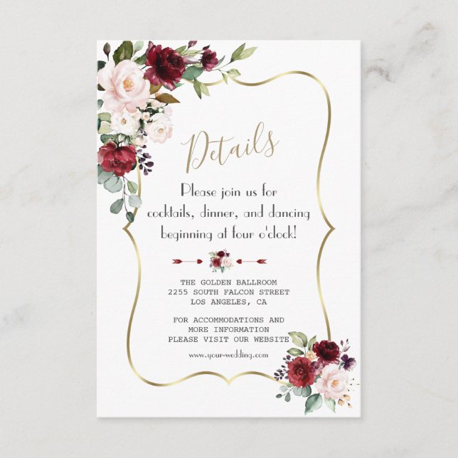 Carte D'accompagnement Charm Burgundy Blush Floral Gold Détails du Mariag (Devant)