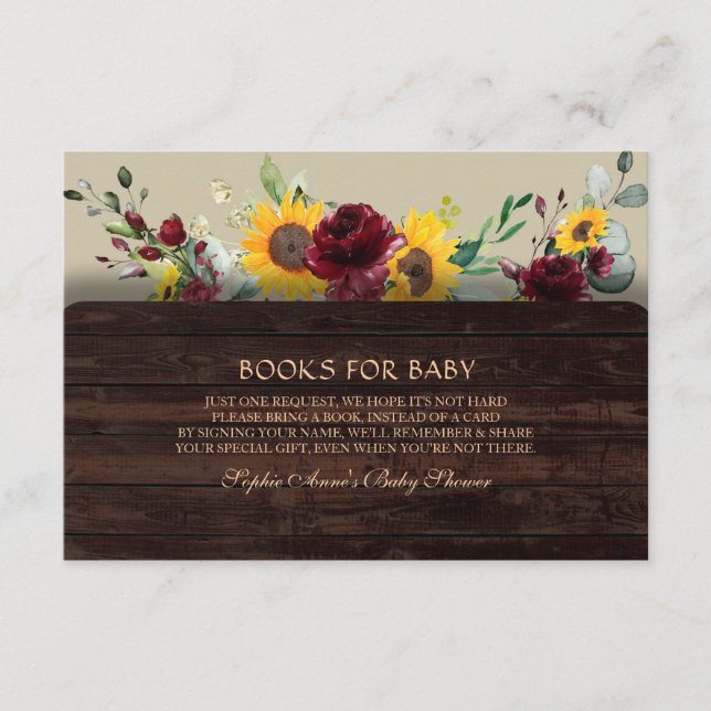 Carte D'accompagnement Charm Burgundy Sunflowers Livres Pour Baby shower (Devant)