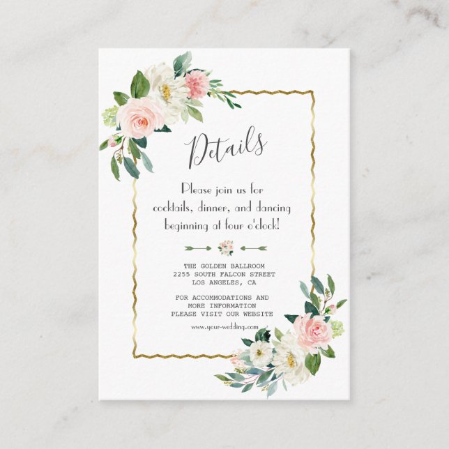 Carte D'accompagnement Charme Aquarelle Blush Floral Gold Détails du Mari (Devant)