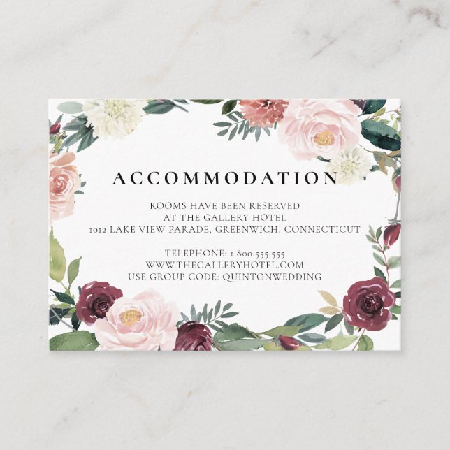Carte D'accompagnement Charme rustique Bourgogne Blush rose Mariage Flora (Devant)