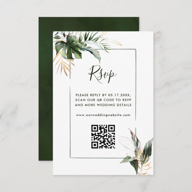 Carte D'accompagnement Charpente tropicale Mariage vert RSVP avec code QR (Devant / Derrière)