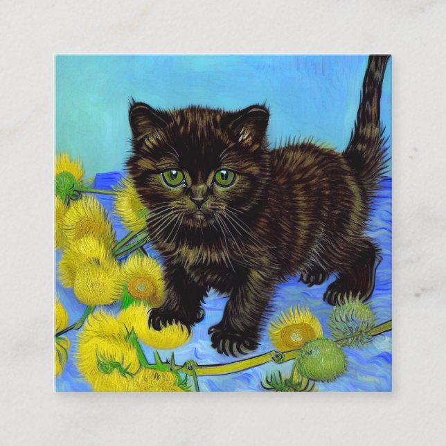 Carte D'accompagnement Chat de style Van Gogh avec tournesols (Devant)