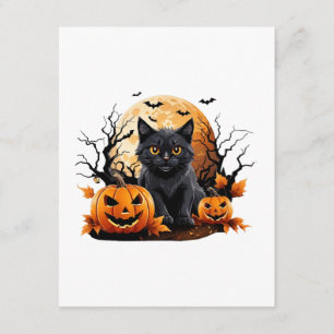 Carte D'accompagnement Chat noir entouré de citrouilles