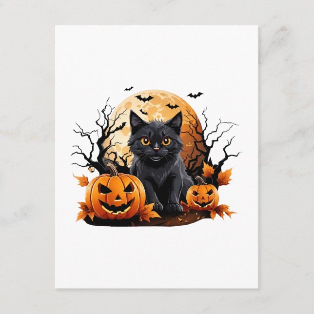 Carte D'accompagnement Chat noir entouré de citrouilles (Devant)