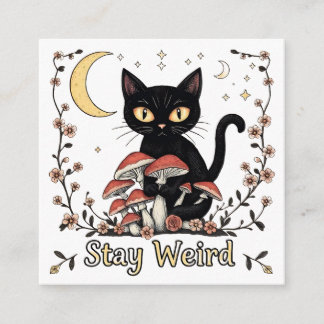 Carte D'accompagnement Chat noir fantaisiste encadré par des champignons 