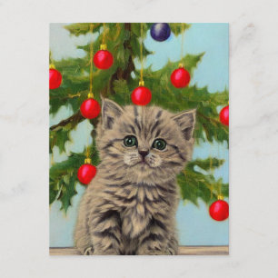 Carte D'accompagnement Chat vintage et sapin de Noël