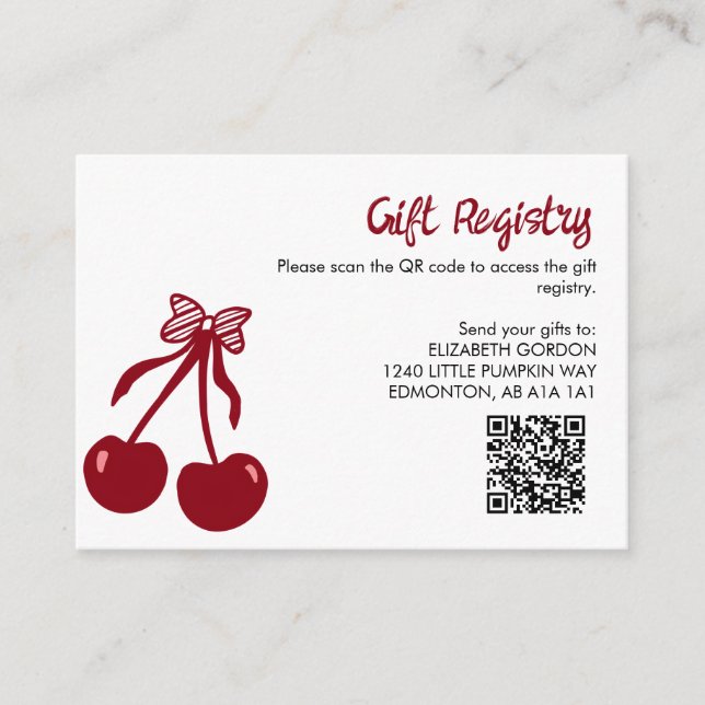 Carte D'accompagnement Cherry Baby Shower Gift Registry QR Code Sweet Bow (Devant)