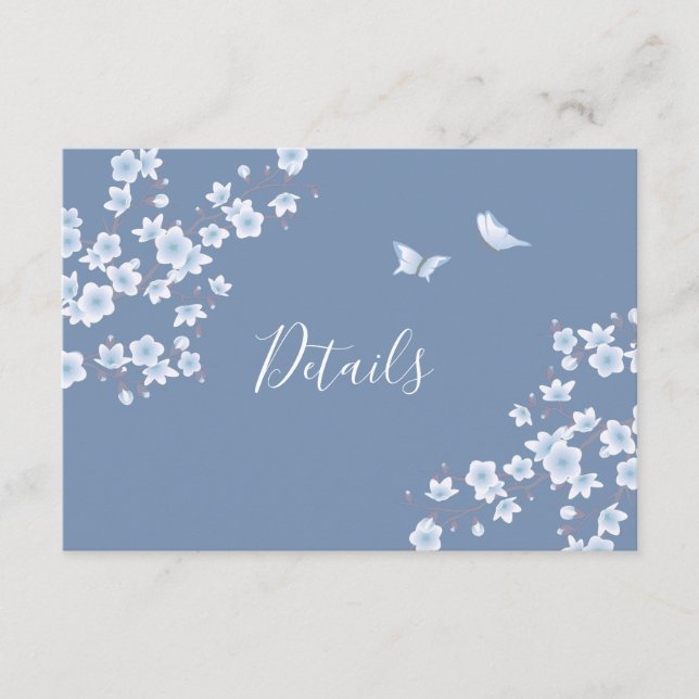 Carte D'accompagnement Cherry Blossom White Dusty Blue Détails du Mariage (Devant)