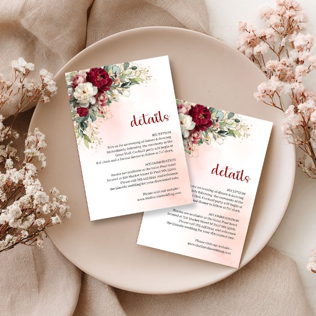 Carte D'accompagnement Chic Burgundy Floral Greenery Gold Wedding Details (Chic Burgundy Floral Greenery Gold Wedding Details)