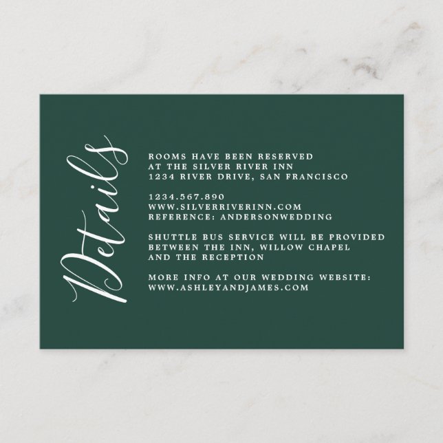 Carte D'accompagnement Chic Calligraphie Vert foncé Détails du Mariage (Devant)