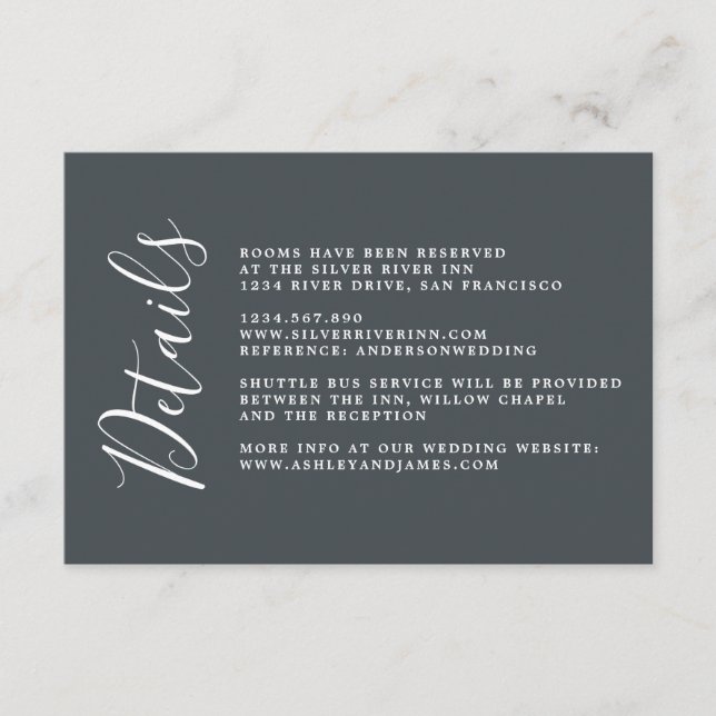 Carte D'accompagnement Chic Calligraphy Off-Black Détails sur le Mariage (Devant)