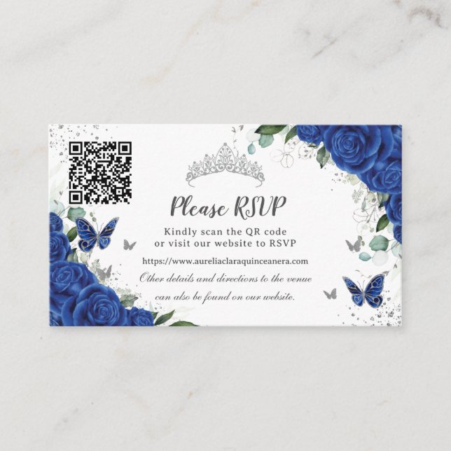 Carte D'accompagnement Chic Code QR Royal Bleu Floral Argent Quinceañera (Devant)