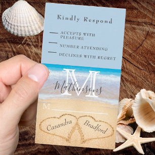 Carte D'accompagnement Chic Dusty Blue Hearts Sand RSVP Beach Wedding