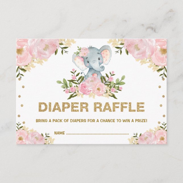 Carte D'accompagnement Chic Eléphant Blush or Floral Baby Diaper Raffle (Devant)