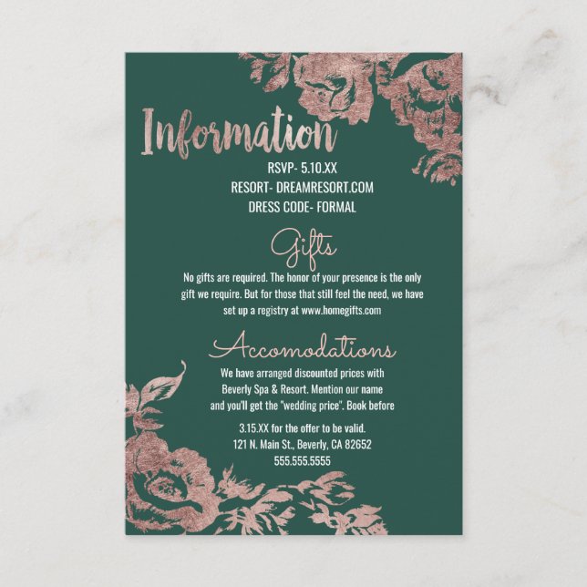 Carte D'accompagnement Chic Emerald Green Rose Gold Informations florales (Devant)
