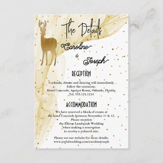 Carte D'accompagnement Chic Gold Deer & Confetti Détails du Mariage (Devant)