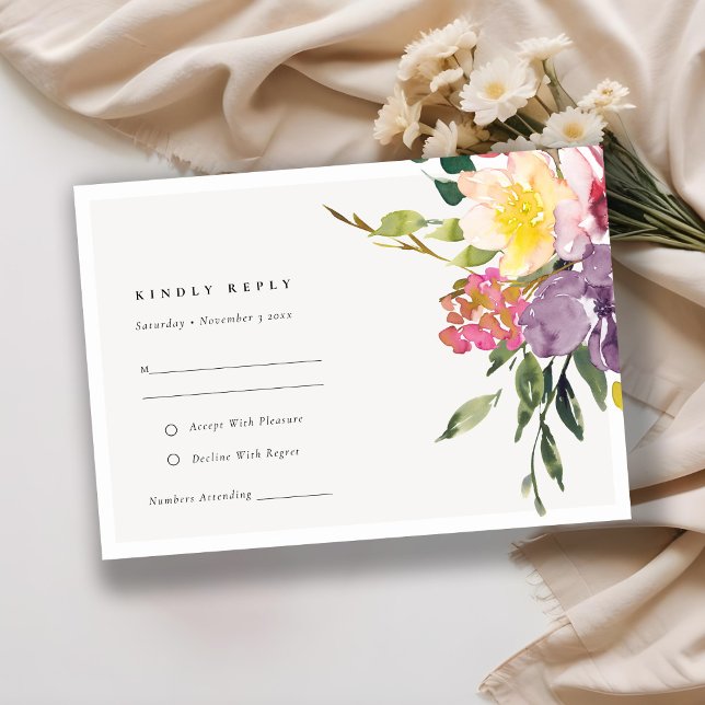 Carte D'accompagnement Chic Jaune Blush Bourgogne Mariage Floral RSVP (Créateur téléchargé)