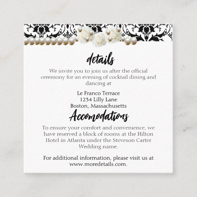 Carte D'accompagnement Chic noir & blanc Damask Mariage Pearl (Devant)