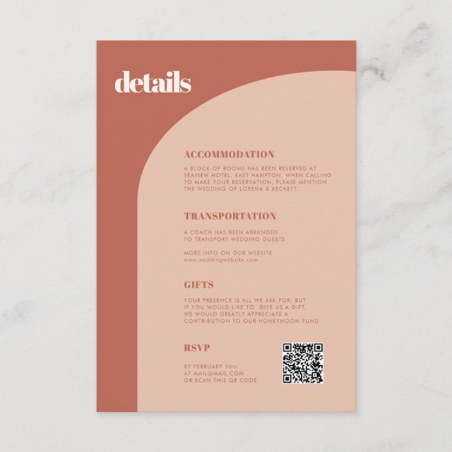 Carte D'accompagnement Chic pêche en terre cuite arche détails mariage QR (Devant)