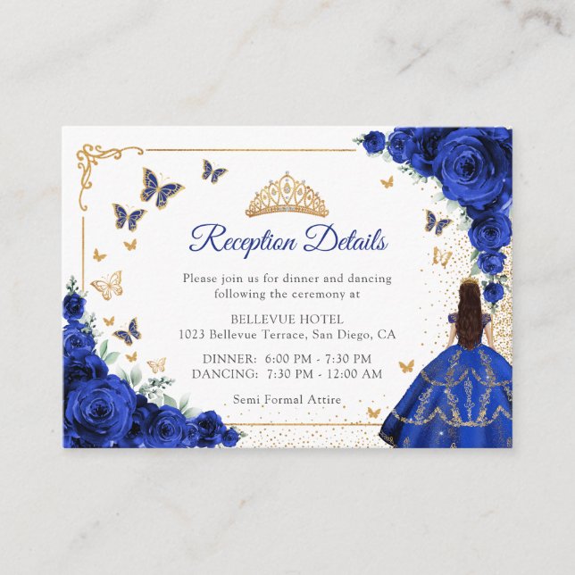 Carte D'accompagnement Chic Royal Blue Gold Quincenarea Reception Details (Devant)