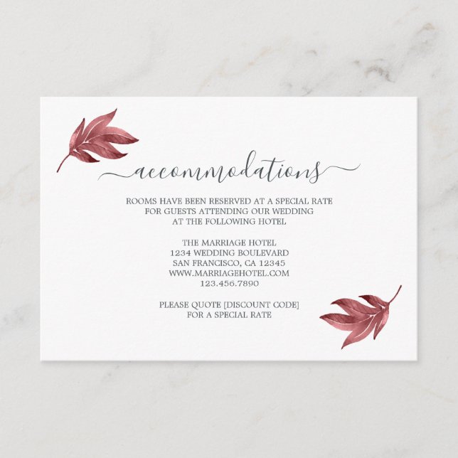 Carte D'accompagnement Chic Script Burgundy Leaf Information Mariage (Devant)