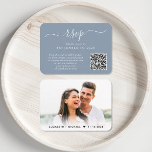 Carte D'accompagnement Chic Script Photo QR Code Dusty Blue Wedding RSVP