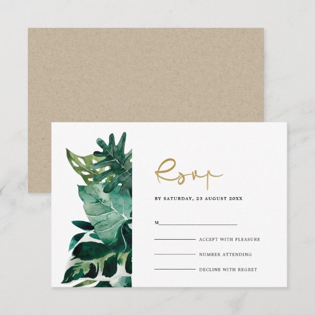 Carte D'accompagnement Chic Tropical Monstera Foliage Vert Mariage Rsvp (Devant / Derrière)