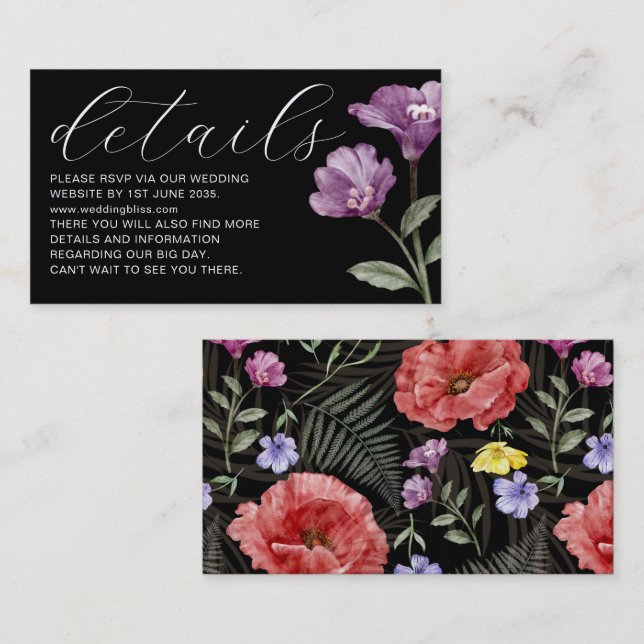Carte D'accompagnement Chic violet & noir Fleur sauvage Détails Mariage E (Devant / Derrière)