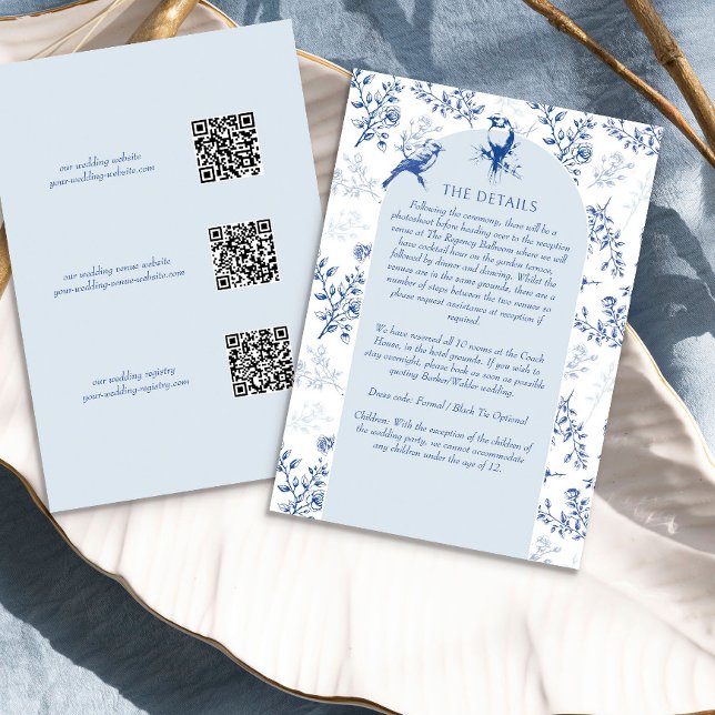 Carte D'accompagnement Chinoiserie Blue Floral Détails du Mariage QR Code (Elegant blue wedding details cards from the Chinoiserie Wedding Collection by Darling & May)
