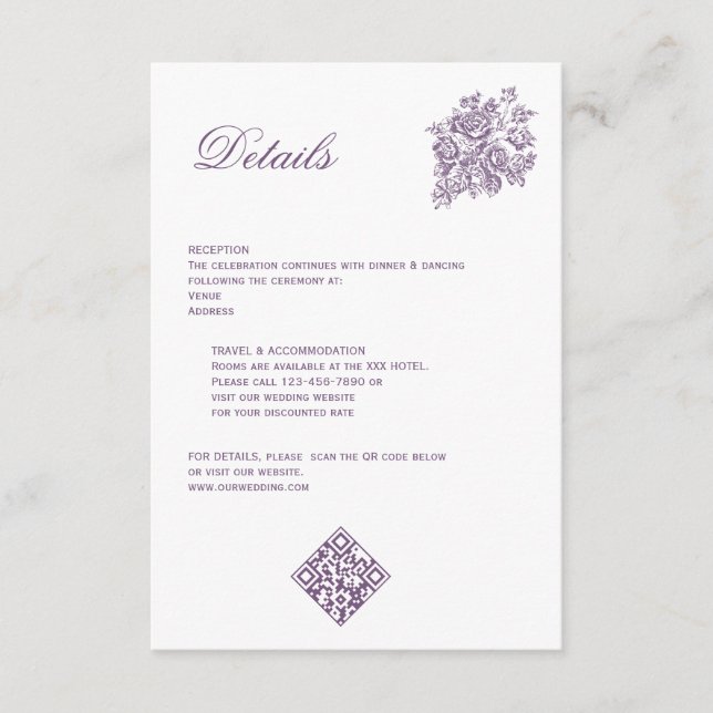 Carte D'accompagnement Chinoiserie Purple Rose Bouquet Mariage victorien (Devant)