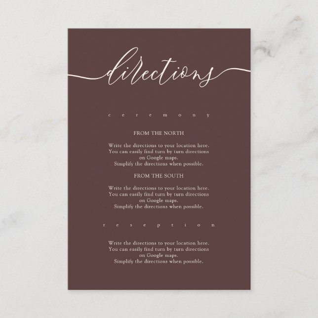 Carte D'accompagnement Chocolate Brown Simple Wedding Directions (Devant)