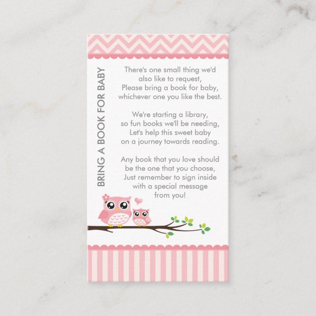 Carte D'accompagnement Chouette Baby shower rose Apporter un livre Douche (Devant)
