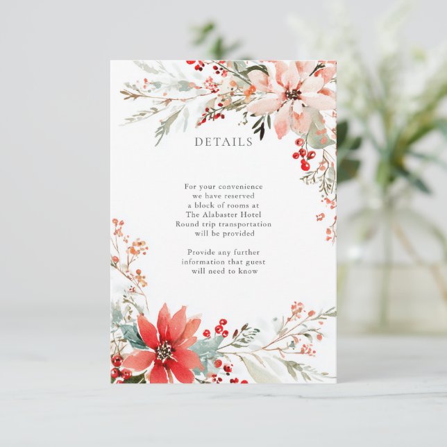 Carte D'accompagnement Christmas Poinsettia floral Wedding Details (Debout devant)