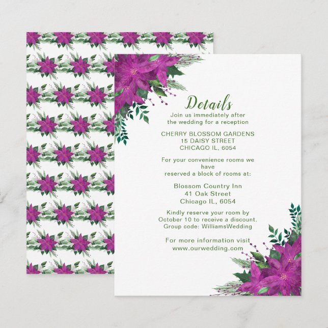 Carte D'accompagnement Christmas Purple Poinsettia Détails du Mariage (Devant / Derrière)