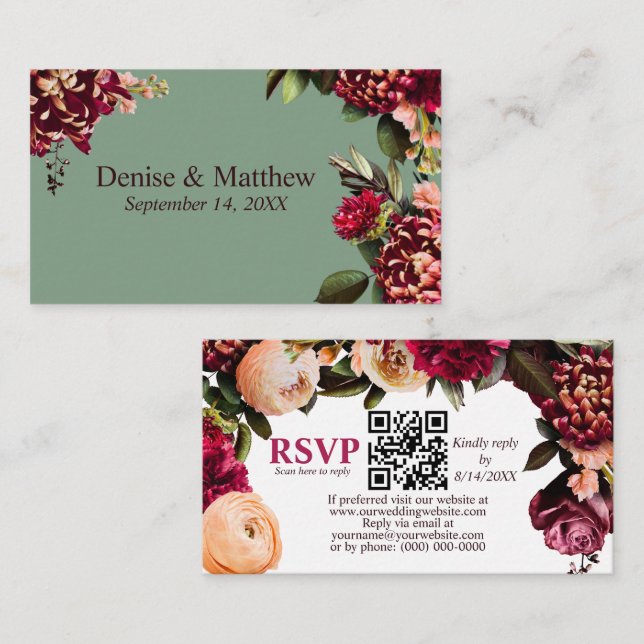 Carte D'accompagnement Chrysanthème romantique Basil vert RSVP QR Code (Devant / Derrière)