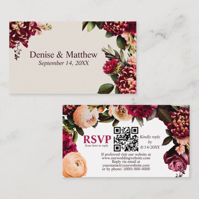 Carte D'accompagnement Chrysanthème romantique Cameo Beige RSVP QR Code (Devant / Derrière)