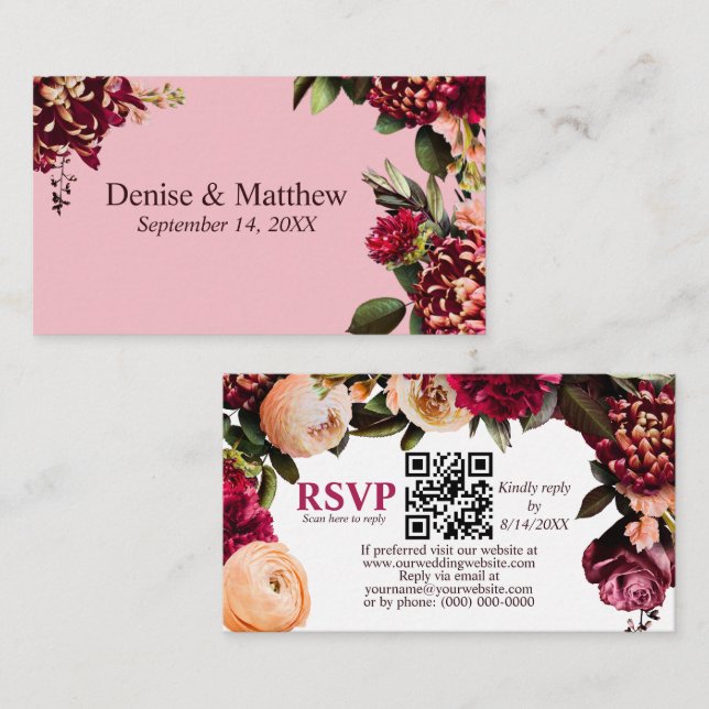 Carte D'accompagnement Chrysanthème romantique Fleur d'amande RSVP QR Cod (Devant / Derrière)