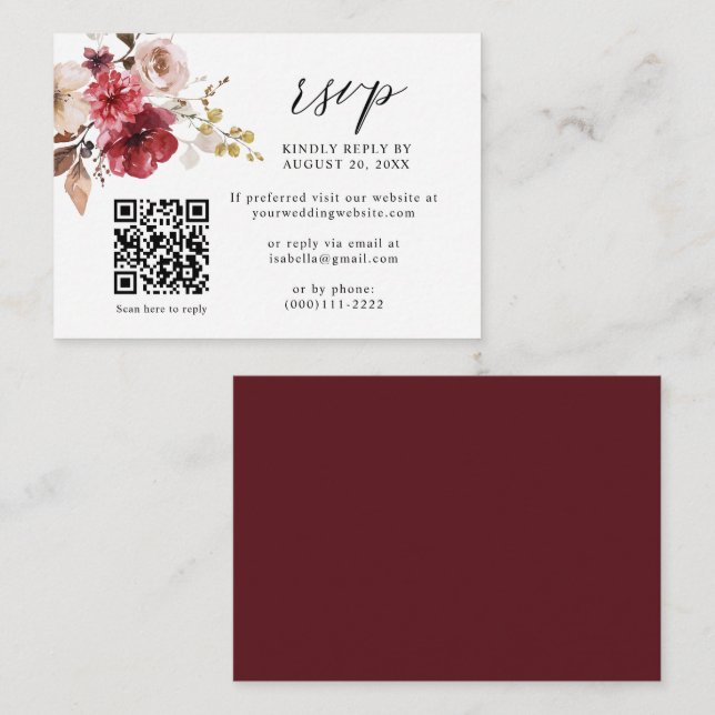 Carte D'accompagnement Chute Maroon Beige Rose Floral QR Code Mariage RSV (Devant / Derrière)