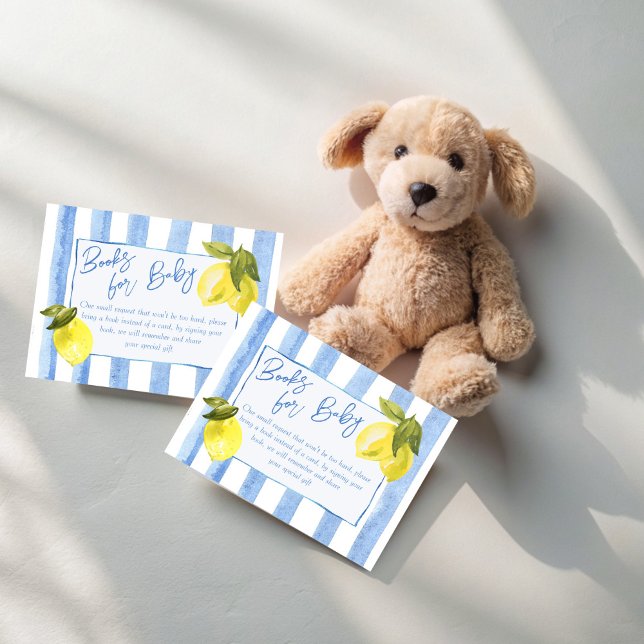 Carte D'accompagnement Ciao Bambino rayures bleues citrons demande de rés (Ciao Bambino blue stripes lemons Italian baby shower book request Enclosure Cards books for baby)