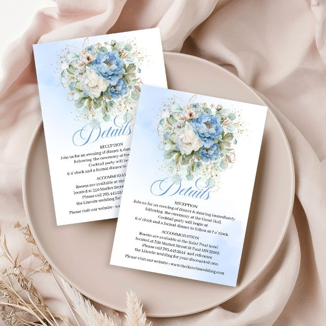 Carte D'accompagnement Ciel Bohème Bleu Blanc Mariage Rustique  (Boho Navy Blue White Peonies Wedding Details Card Gold)