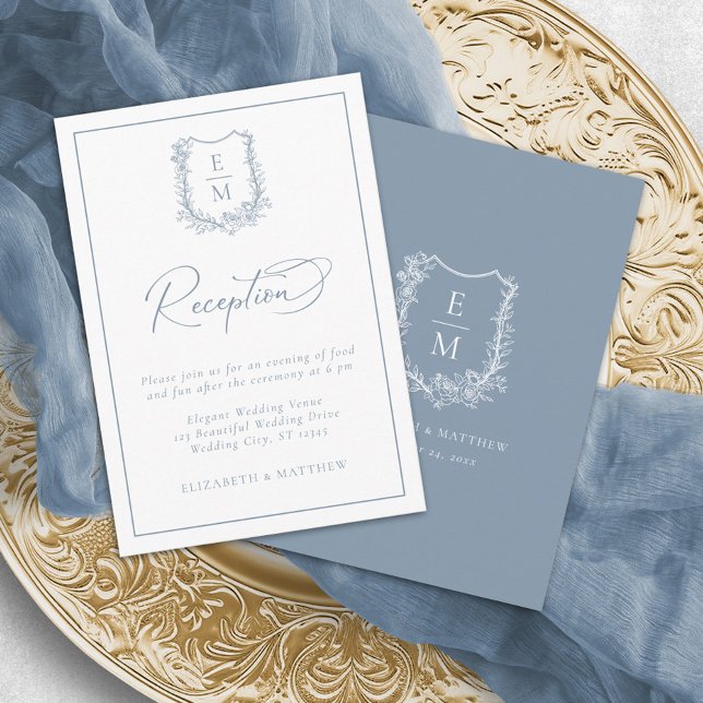Carte D'accompagnement Cimier Floral Monogramme Dusty Blue Mariage Récept (Créateur téléchargé)