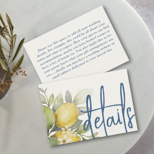 Carte D'accompagnement Citrons modernes jaune & bleu Détails du Mariage