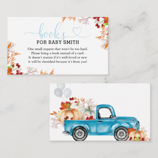 Carte D'accompagnement Citrouille Blue Truck Automne Baby showers Livres  (Devant / Derrière)