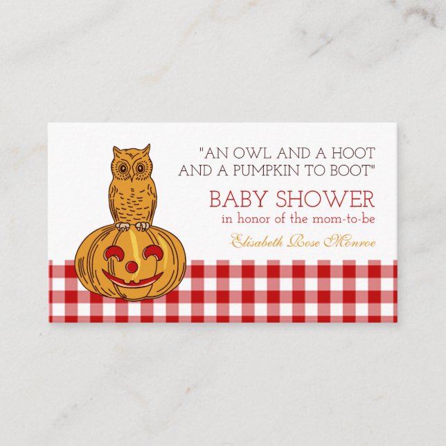 Carte D'accompagnement Citrouille Owl & En vichy Baby shower Billet Invit (Devant)