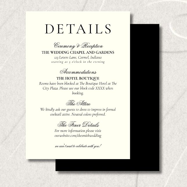 Carte D'accompagnement Classic Black and White Minimalist Wedding Details (Classic Black and White Minimalist Wedding Details Enclosure Card)