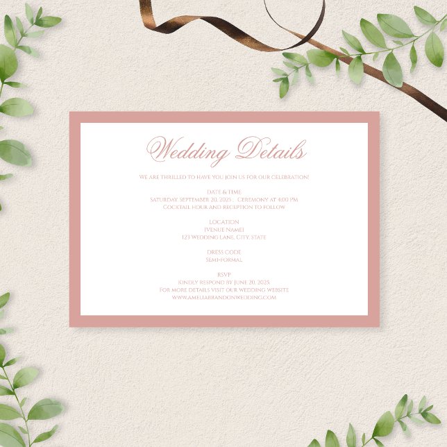 Carte D'accompagnement Classic Dusty Rose Border Script Wedding Details (Créateur téléchargé)