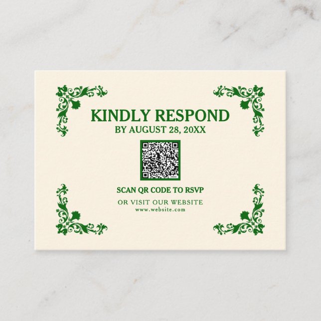 Carte D'accompagnement Classic Elegance Ivory & Emerald Islamic QR RSVP (Devant)