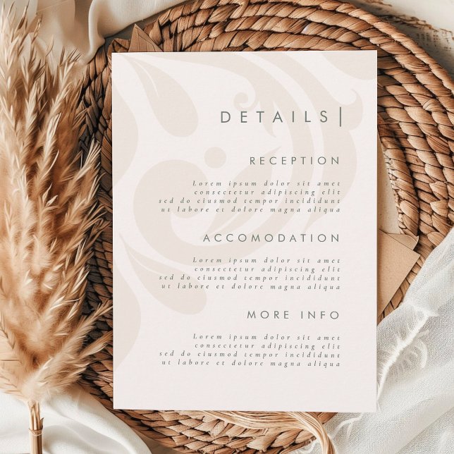 Carte D'accompagnement Classic Elegant Cream Sage Damask Wedding Details (Créateur téléchargé)