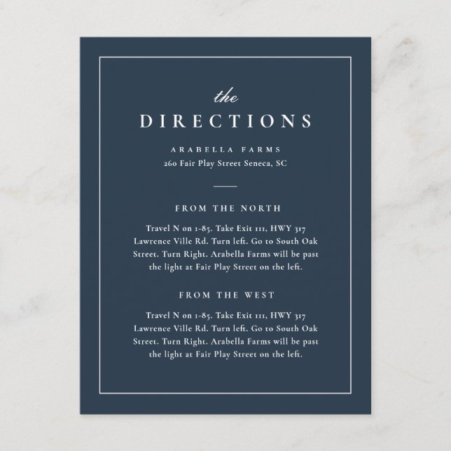 Carte D'accompagnement Classic Elegant Marine Blue Mariage Directions (Devant)